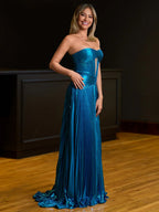 Sileas | Turquoise Sweetheart Metallic Pleated Long Formal Dress With Slit