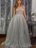 Silver Gray Long A-line Sequins V Neck Sequined Open Back Prom Dresses