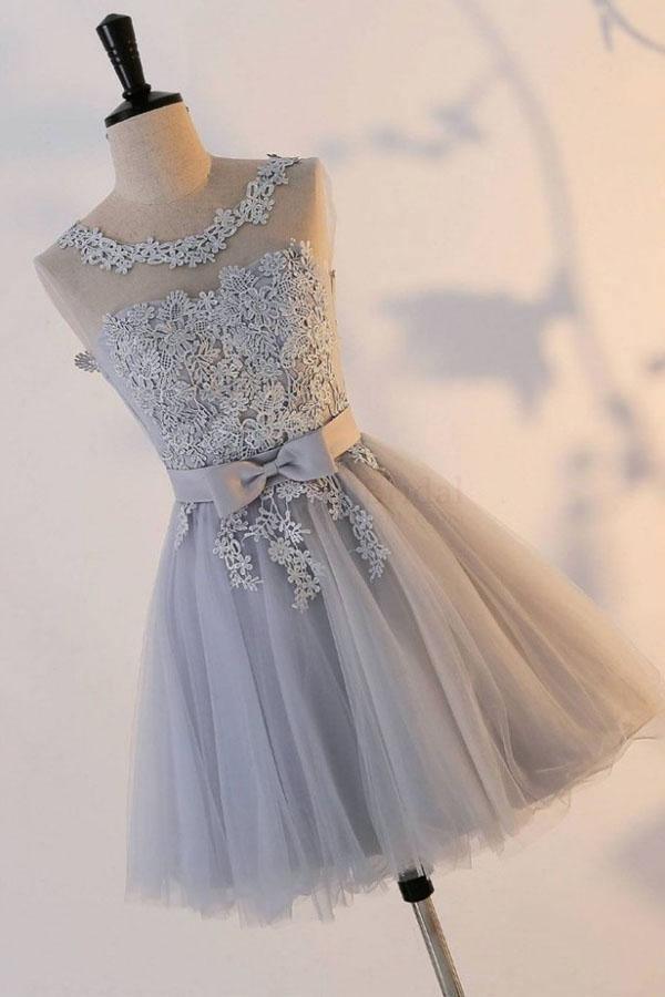 Silver Knot Tulle Homecoming Dresses Short Prom Dresses with Applique