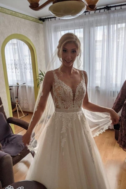 Simple A-line Backless Wedding Dresses with Lace