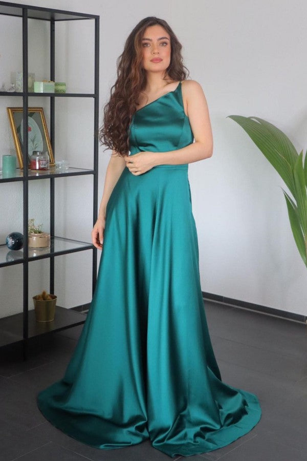 Simple A-line One Shoulder Satin Long Prom Dress