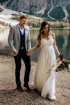 Simple A-line Spaghetti Straps Beach Chiffon Wedding Dresses with Lace