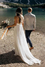 Simple A-line Spaghetti Straps Beach Chiffon Wedding Dresses with Lace