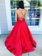 Simple A-line V Neck Backless Satin Long Formal Prom Dresses with Pockets