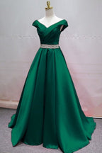 Simple A-line V-neck Satin Long Prom Dress With Crystal Sash