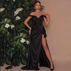 Simple Black Long Mermaid Off-the-shoulder Prom Dress with Slit