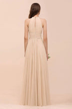 Simple Halter Champagne Slim Long Bridesmaid Dress