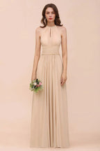 Simple Halter Champagne Slim Long Bridesmaid Dress