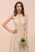 Simple Halter Champagne Slim Long Bridesmaid Dress