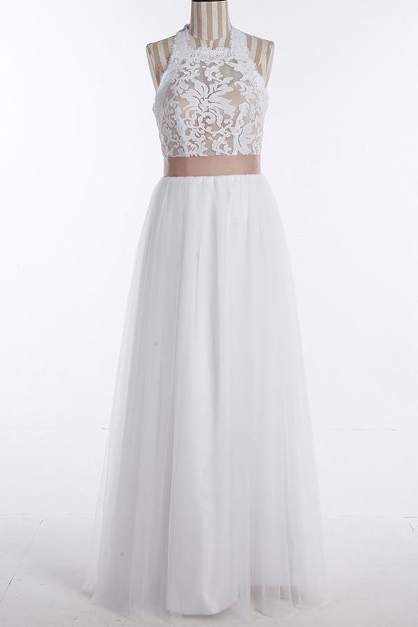 Simple Jewel Sleeveless Floor-Length Lace Top Wedding Dress