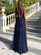 Simple Long A-line Bateau Sequin Prom Dress