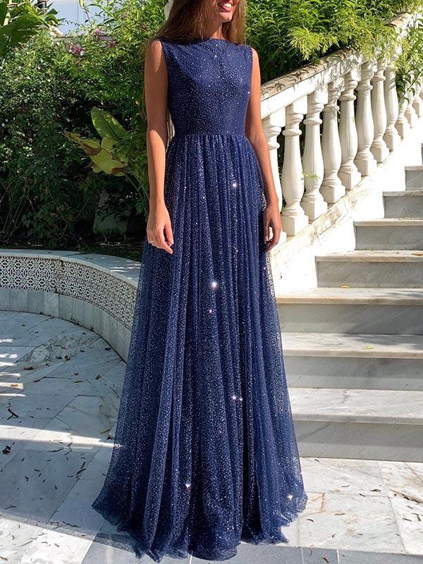 Simple Long A-line Bateau Sequin Prom Dress