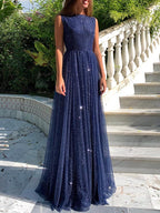 Simple Long A-line Bateau Sequin Prom Dress