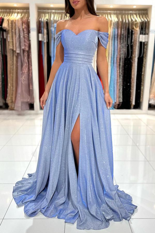 Simple Long A-line Off The shoulder Glitter Prom Dress with Slit