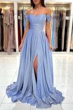 Simple Long A-line Off The shoulder Glitter Prom Dress with Slit