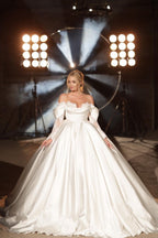 Simple Long A-line Off-the-shoulder Princess Satin Lace Wedding Dresses With Long Sleeves