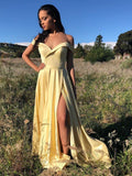 Simple Long A-line Off the Shoulder Satin Prom Dresses with Hight Slit