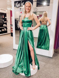 Simple Long A-line Satin Backless Prom Dresses with High Slit