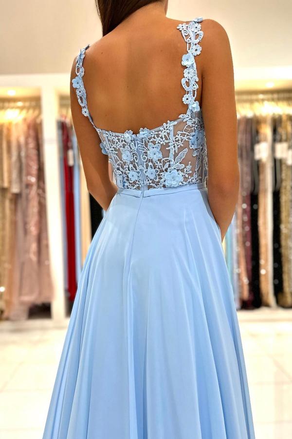 Simple Long A-line Sweetheart Chiffon Lace Backless Prom Dress with Slit