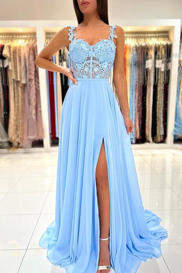 Simple Long A-line Sweetheart Chiffon Lace Backless Prom Dress with Slit