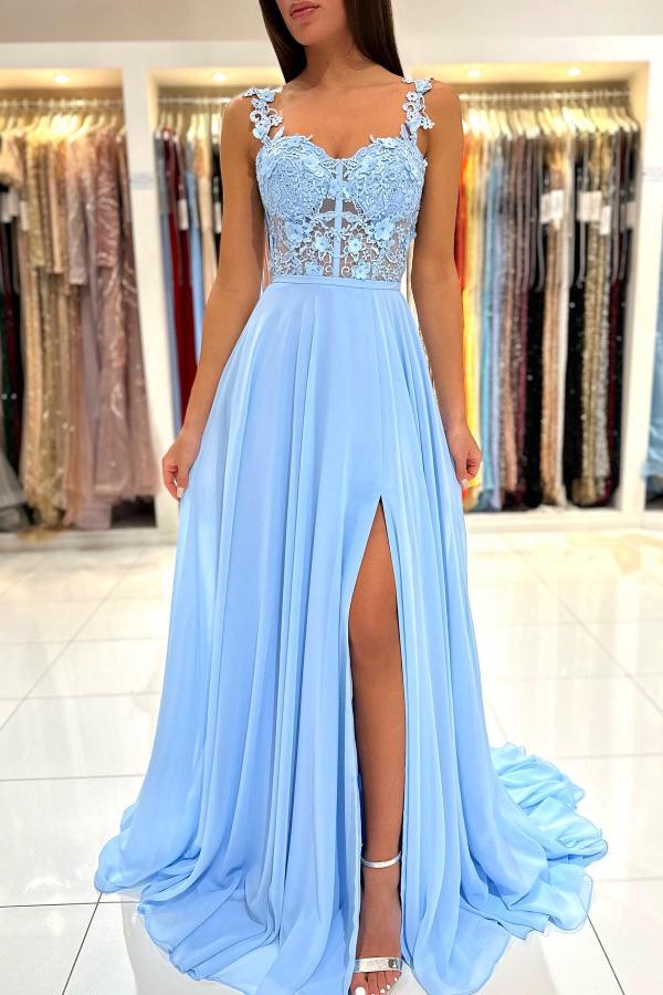 Simple Long A-line Sweetheart Chiffon Lace Backless Prom Dress with Slit