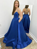 Simple Long A-line V Neck Backless Satin Formal Prom Dresses with Pockets