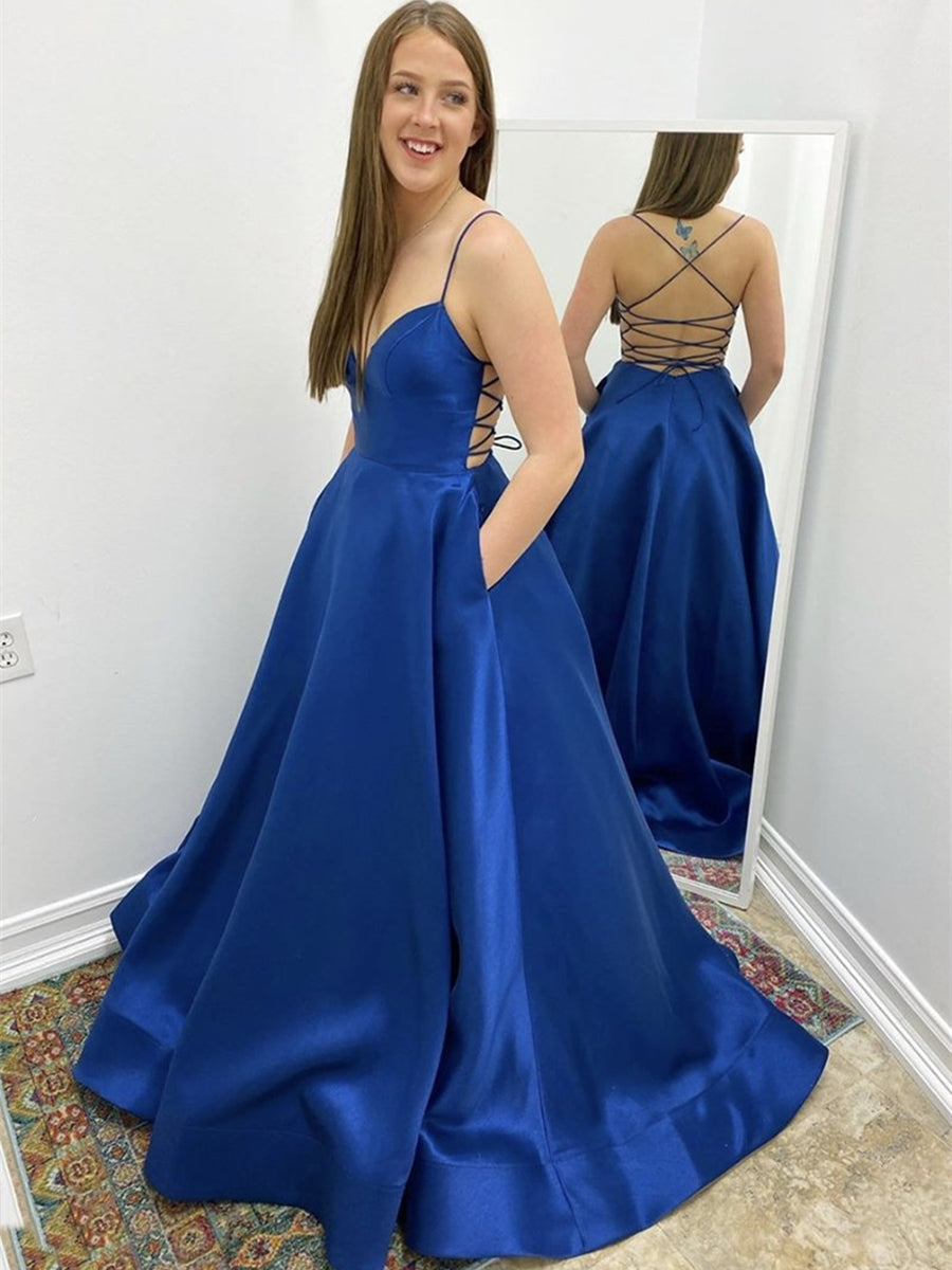 Simple Long A-line V Neck Backless Satin Formal Prom Dresses with Pockets