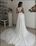 Simple Long A-line V-neck Chiffon Lace Wedding Dress with Slit