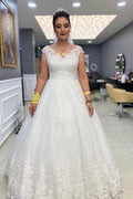 Simple Long A-line V-neck Lace Tulle Wedding Dress