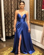 Simple Long A-line V-neck Satin Backless Prom Dress with slit