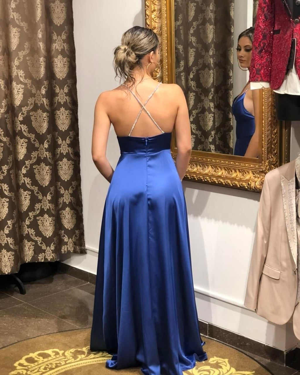 Simple Long A-line V-neck Satin Backless Prom Dress with slit