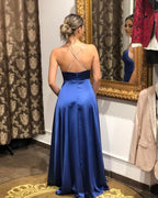 Simple Long A-line V-neck Satin Backless Prom Dress with slit