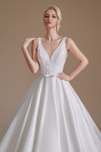 Simple Long A-line V-neck Satin Wedding Dress with Appliques Lace