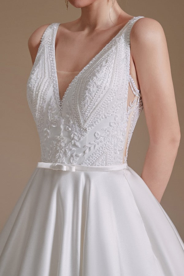 Simple Long A-line V-neck Satin Wedding Dress with Appliques Lace