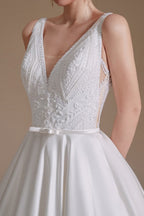 Simple Long A-line V-neck Satin Wedding Dress with Appliques Lace