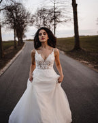 Simple Long A-line V-neck Tulle Backless Wedding Dress