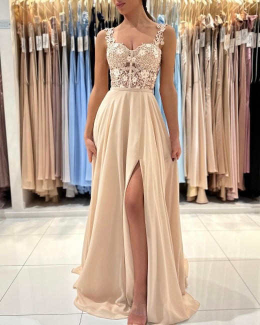 Simple Long Champagne A-line Lace Sleeveless Evening Dresses With Slit
