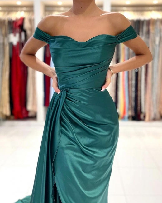 Simple Long Dark Green Off-the-shoulder Slit Mermaid Prom Dresses