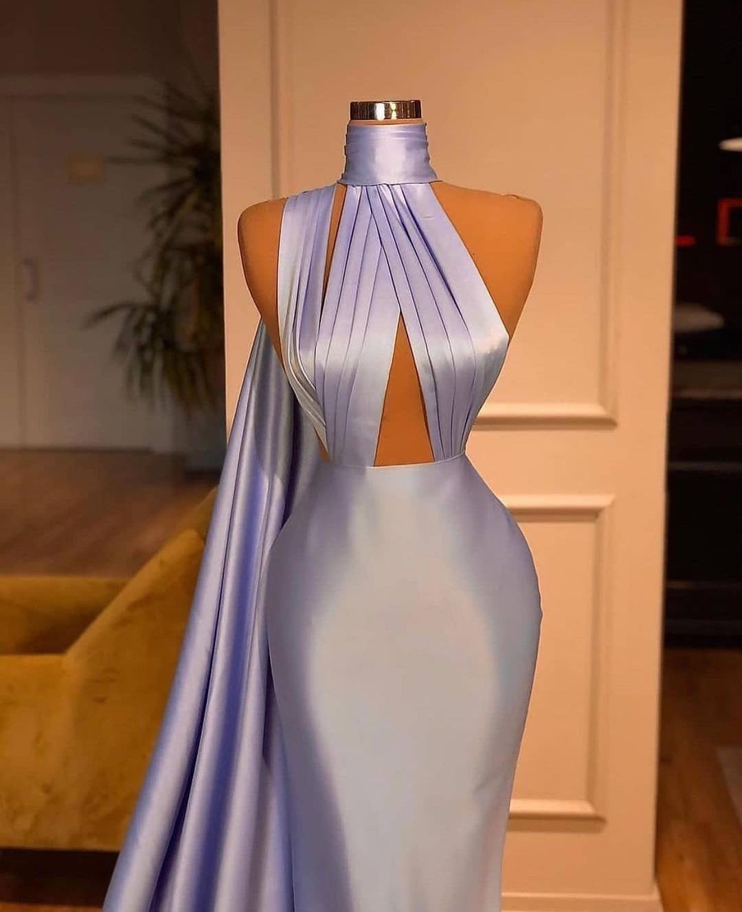 Simple Long Halter Mermaid Satin Prom Dresses With Ruffles