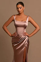 Simple Long Mermaid Straps Satin Sleeveless Formal Prom Dress With Slit