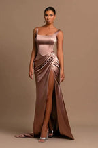 Simple Long Mermaid Straps Satin Sleeveless Formal Prom Dress With Slit