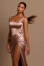 Simple Long Mermaid Straps Satin Sleeveless Formal Prom Dress With Slit