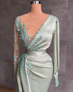 Simple Long Mermaid V-neck Satin Prom Dress with Sleeves