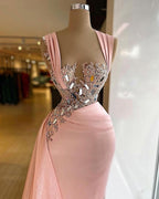 Simple Long Mermaid Wide Straps Crystal Ruffles Chiffon Prom Dress