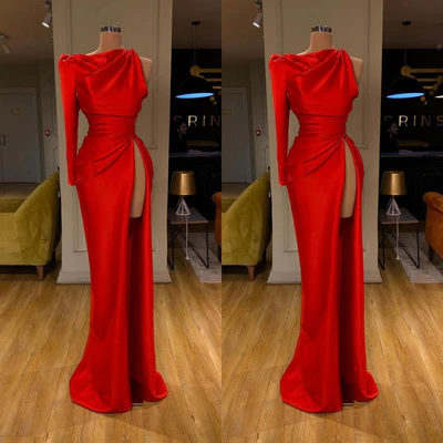 Simple Long Red Mermaid Satin Split Prom Dress With Long Sleeve
