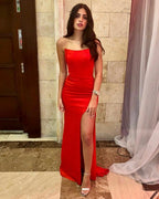 Simple Long Red Sexy Sleeveless Slit Mermaid Prom Dresses