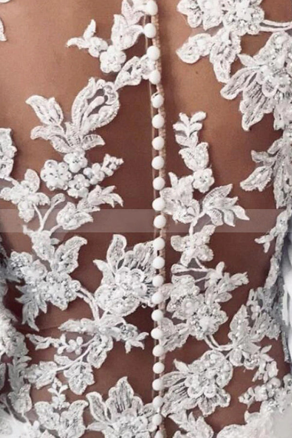 Simple Long Sheath Satin Illusion Lace Back Wedding Dress with Sleeves