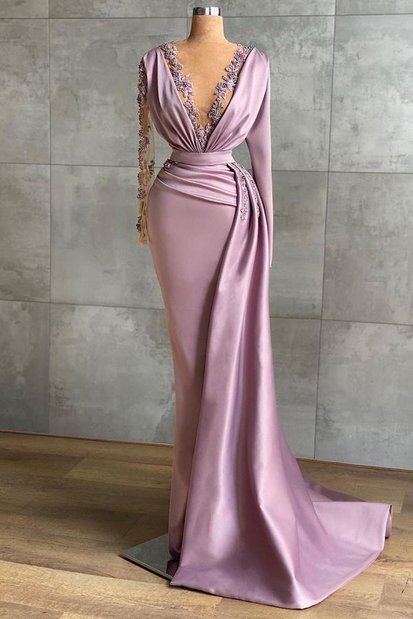 Simple Long  V-neck Lace Mermaid Prom Dress with Sleeves
