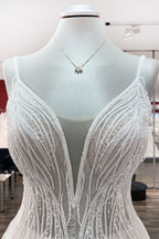 Simple Long V-neck Sequins Ruffles A-line Tulle Backless Wedding Dress