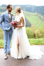 Simple Long White A-line V-neck Sleeveless Tulle Lace Wedding Dress with Slit
